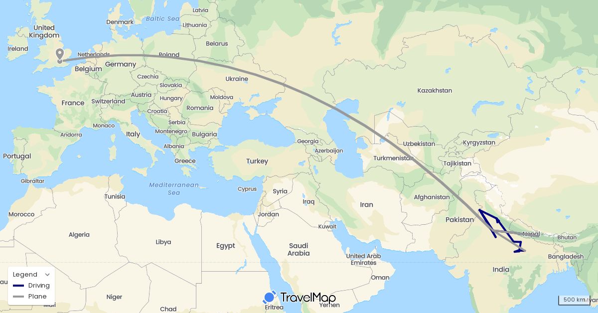 TravelMap itinerary: driving, plane in United Kingdom, India, Nepal (Asia, Europe)